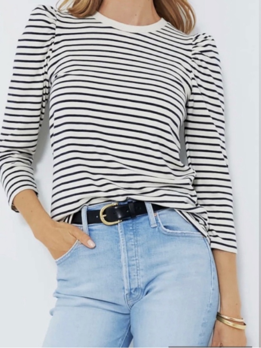 Tuckernuck Pomander Place Navy & Cream Striped Puff-Sleeve Crewneck Top